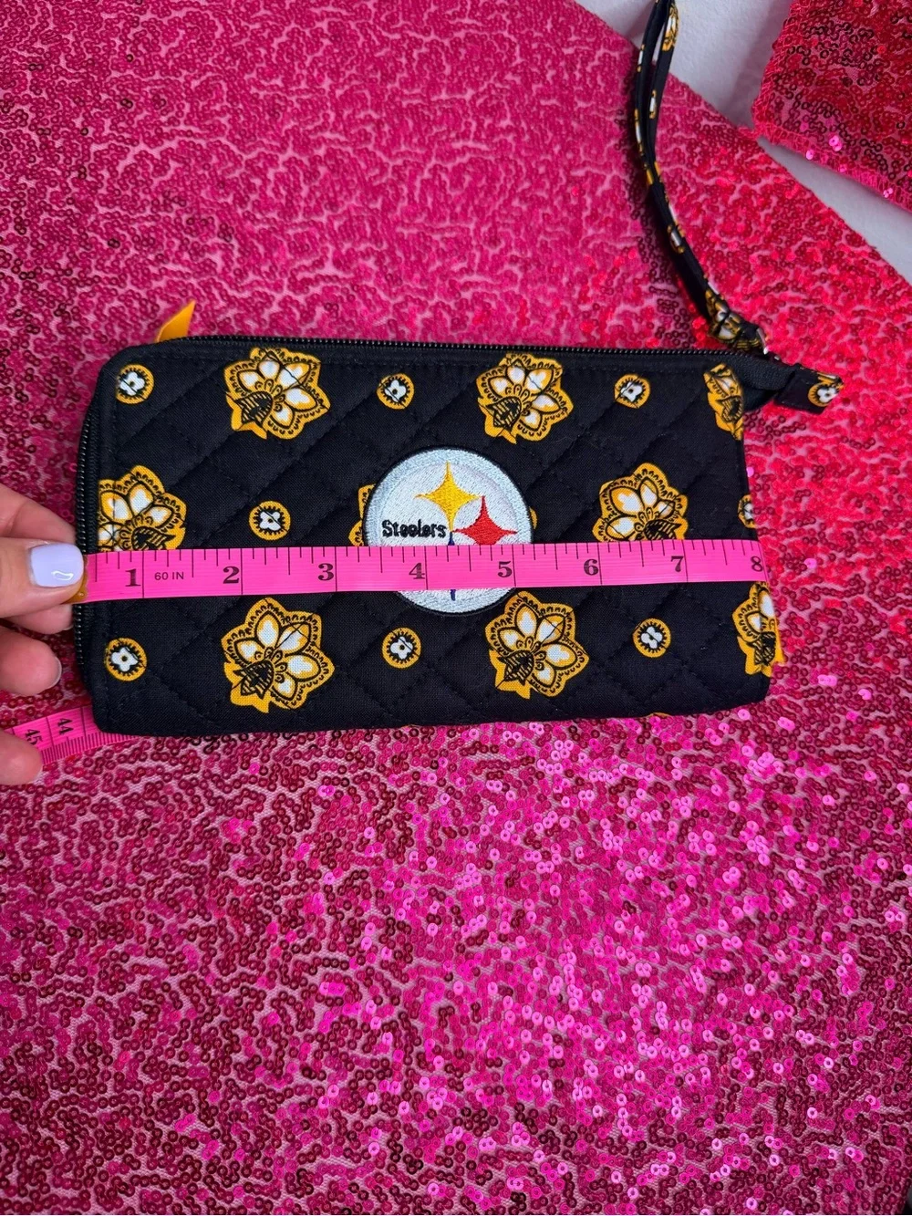 Vera Bradley Black Quilted Wristlet with Yellow Floral Steelers